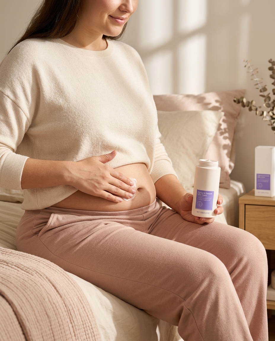Woman in soft loungewear applying Tighten and Smooth Belly Cream in warm evening light