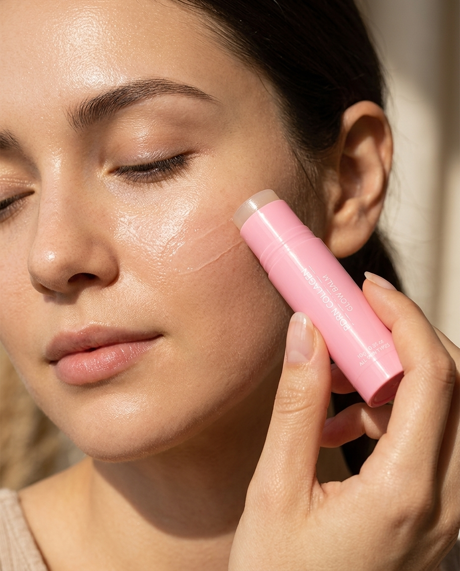 Woman applying PDRN Collagen Glow Balm along her cheekbone in natural light