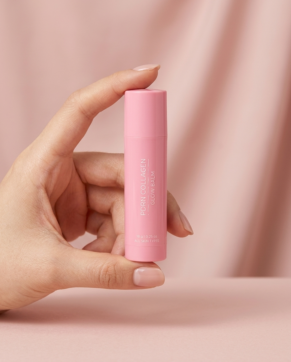 Hand holding the PDRN Collagen Glow Balm stick showing its true handbag size