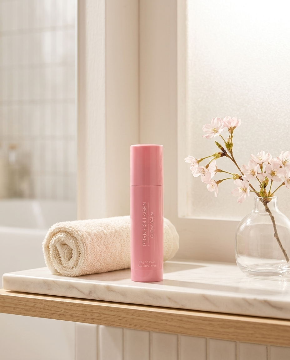 PDRN Collagen Glow Balm on a bathroom shelf with towel and cherry blossom in morning light