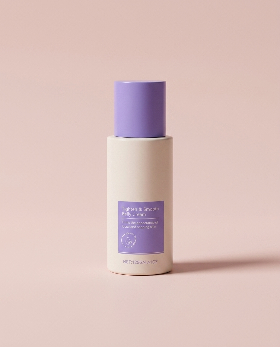 Tighten and Smooth Belly Cream jar on a soft blush pink studio background