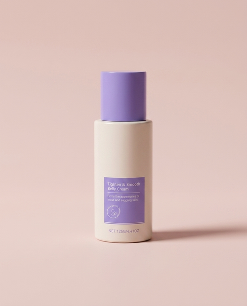 Tighten and Smooth Belly Cream jar on a soft blush pink studio background