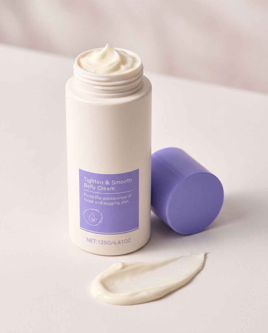 Open jar of Tighten and Smooth Belly Cream with rich whipped cream texture swatch