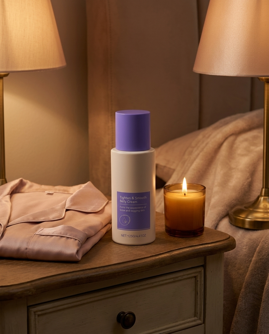 Tighten and Smooth Belly Cream jar on a bedside table with candle in cozy evening light