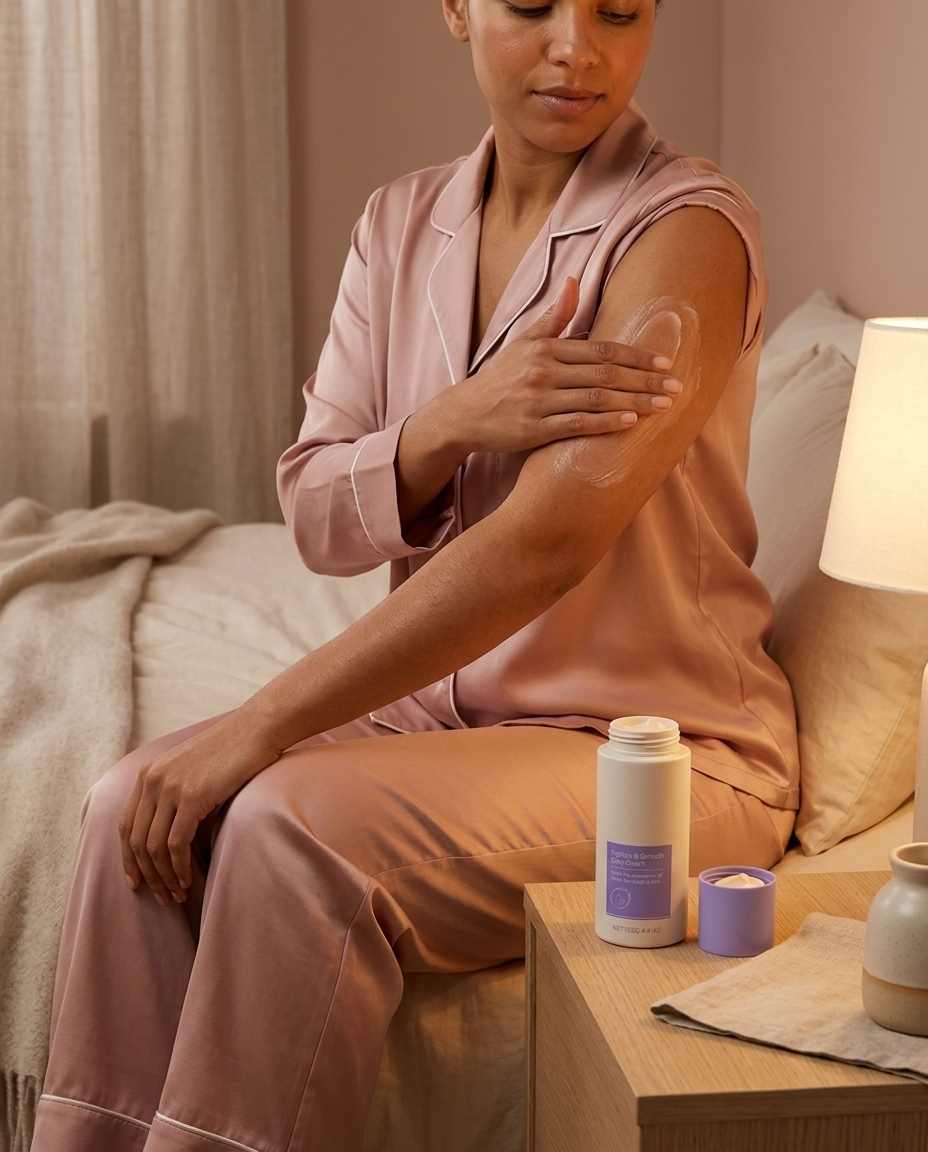 Woman massaging Tighten and Smooth Belly Cream into her upper arm in evening light