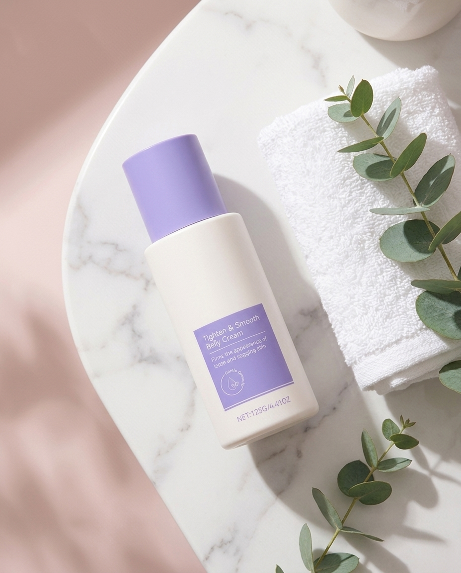 Tighten and Smooth Belly Cream jar styled on a marble bathroom vanity with towel and eucalyptus