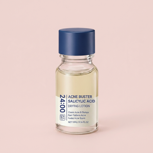 Overnight Blemish Drying Lotion 10ml bottle on a soft pink background