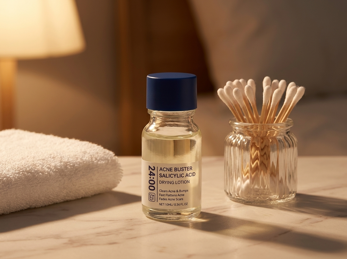 Drying lotion bottle on a bedside table with cotton buds in warm evening lamp light