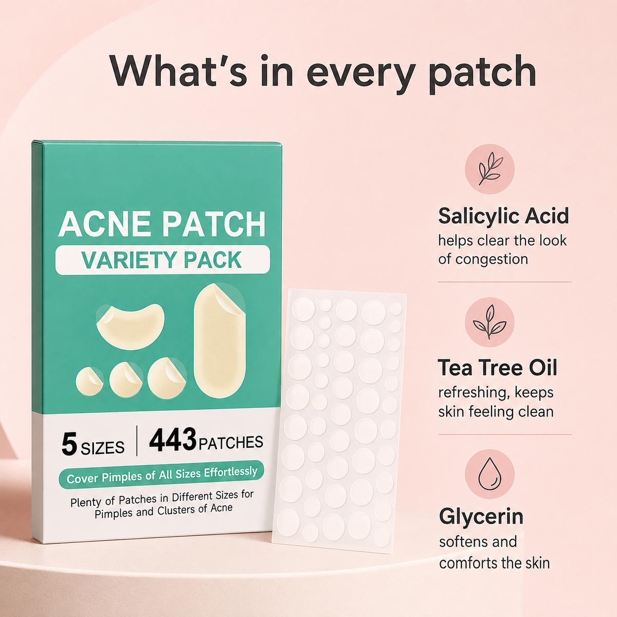 Acne patches with salicylic acid, tea tree oil and glycerin