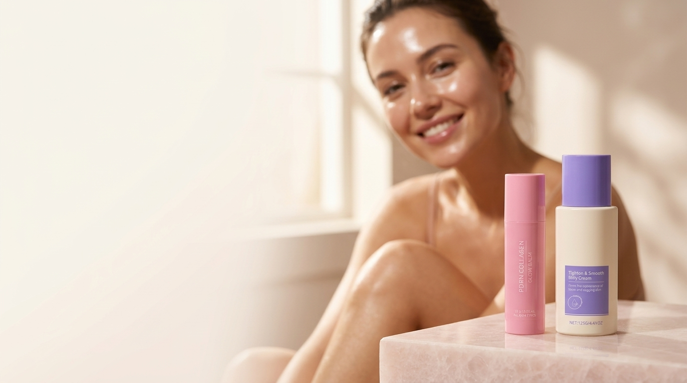 PDRN Collagen Glow Balm and Tighten and Smooth Belly Cream on a pale pink surface with a glowing woman softly blurred behind