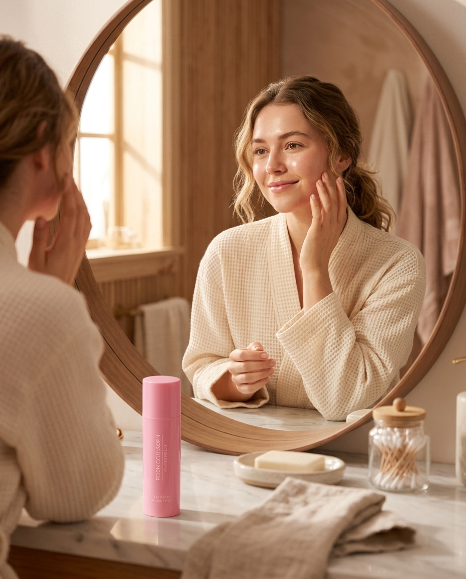 Woman smiling at her reflection in a bathroom mirror with the PDRN Collagen Glow Balm on the counter
